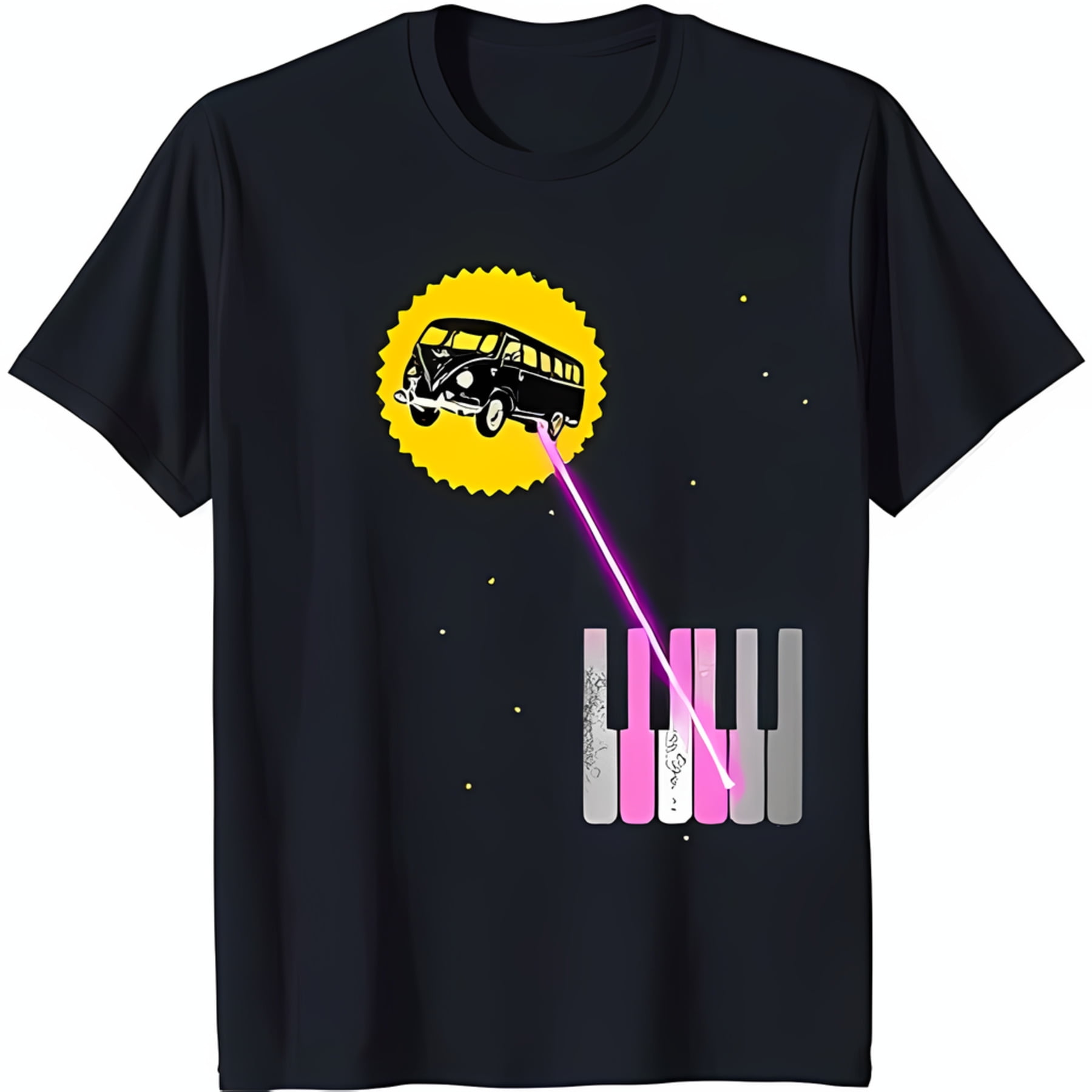 Black TShirt with Unique Graphic Soaring Above Yellow Sun & Hitting