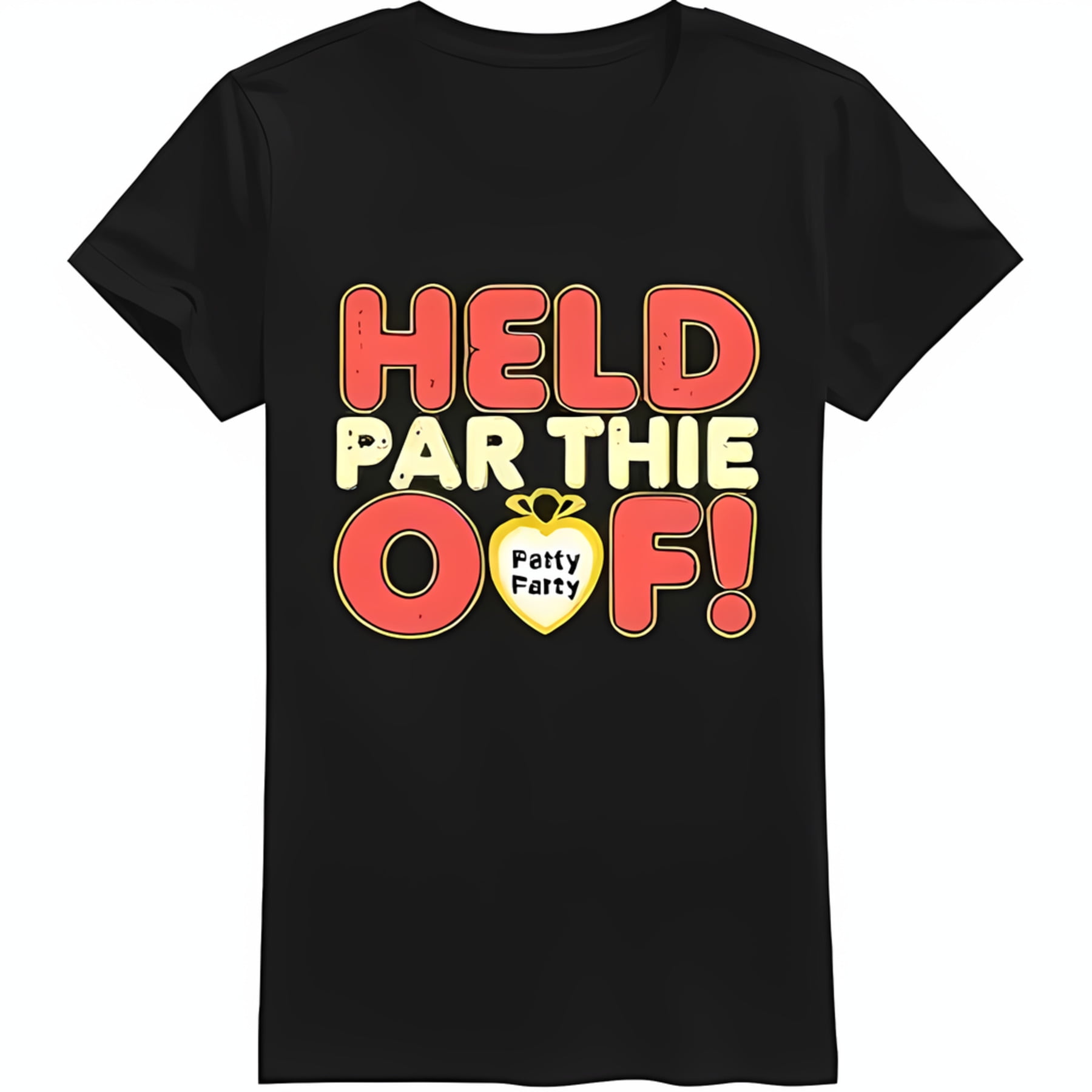 Black TShirt with Unique 'HELD PAR THIE O'F ' Graphic & Heart Locket