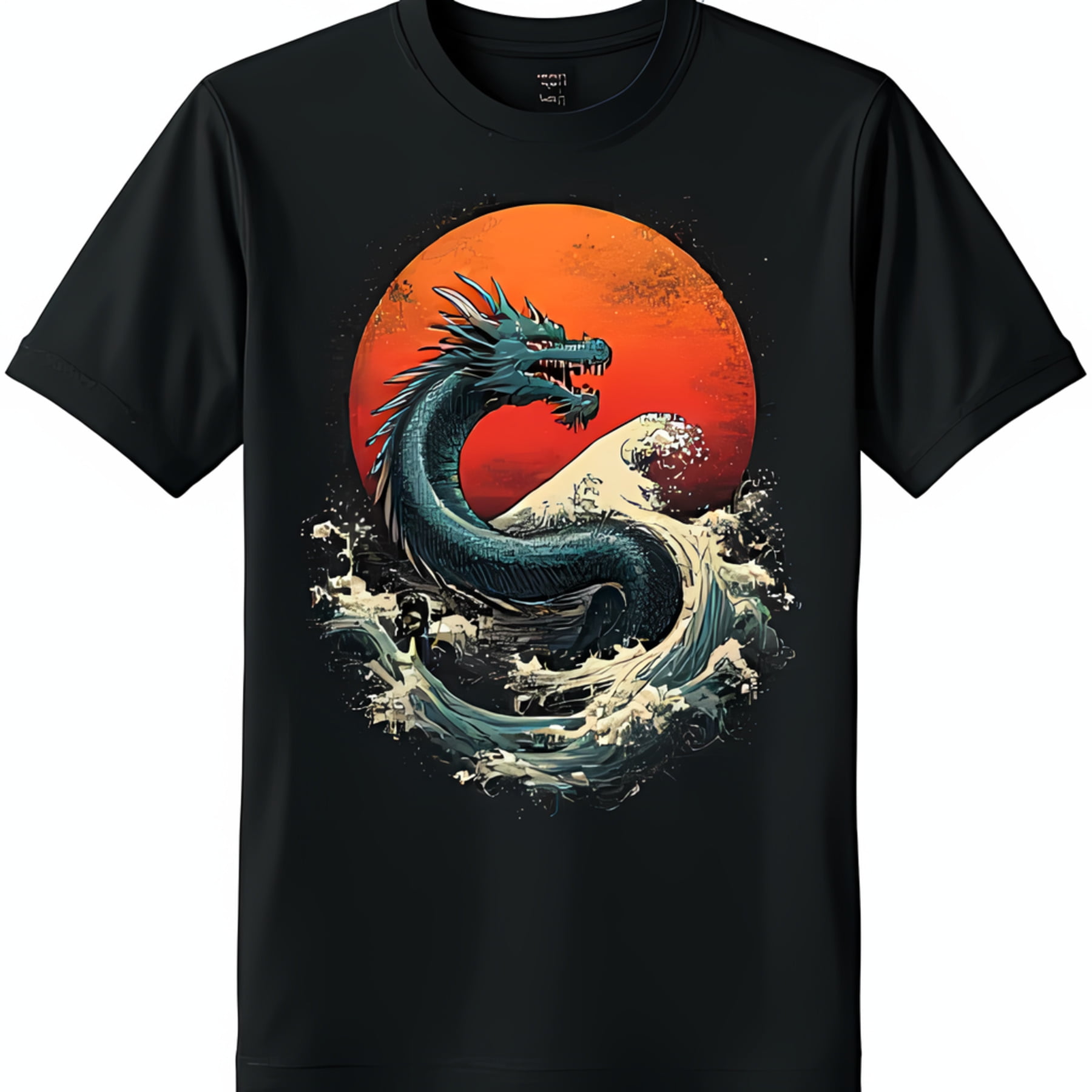 Black TShirt with Unique Japanese and Wave Design Strength Power