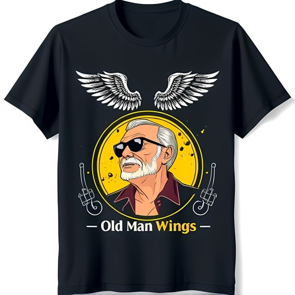 Black T-Shirt with Unique Old Man Wings Graphic Bearded Man in