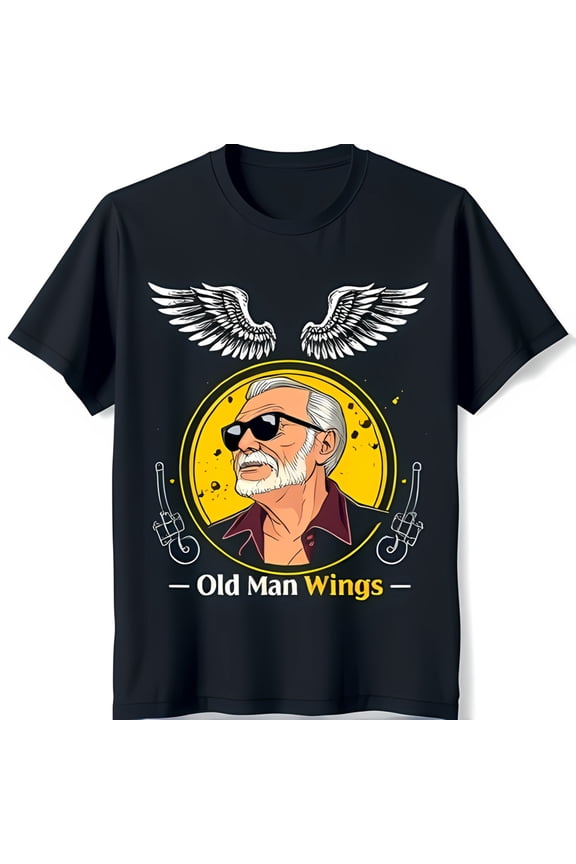 Black T-Shirt with Unique Old Man Wings Graphic Bearded Man in