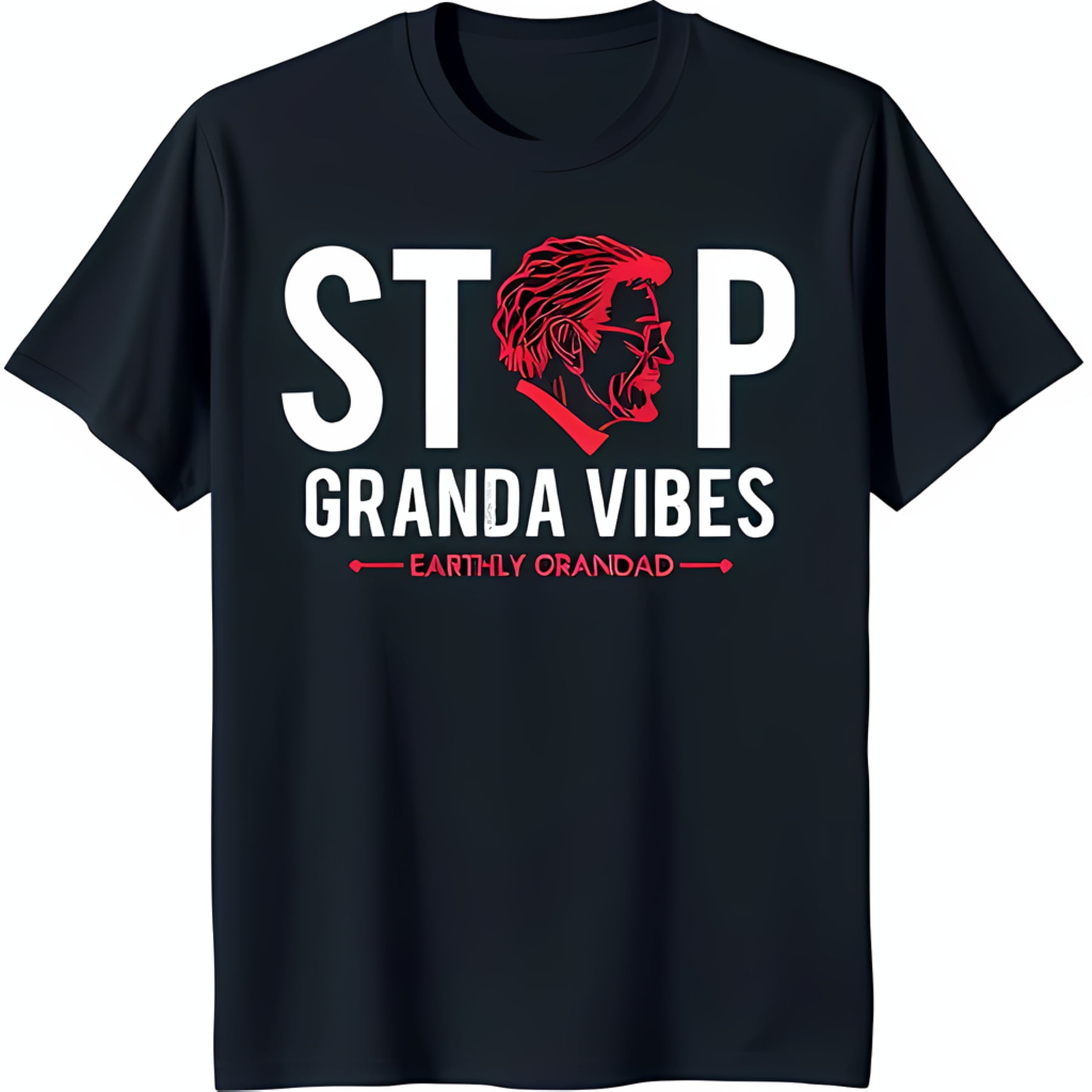 Black TShirt with Unique 'STOP' Design Featuring Red Head Granda Vibes