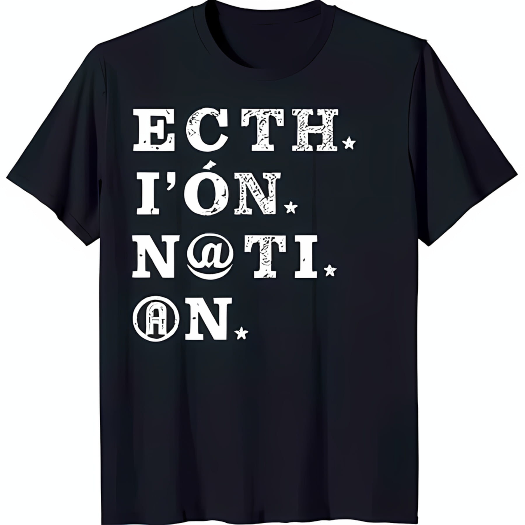 Black TShirt with Unique White Letter Design ECTH I'ÓN NTI AON Stars