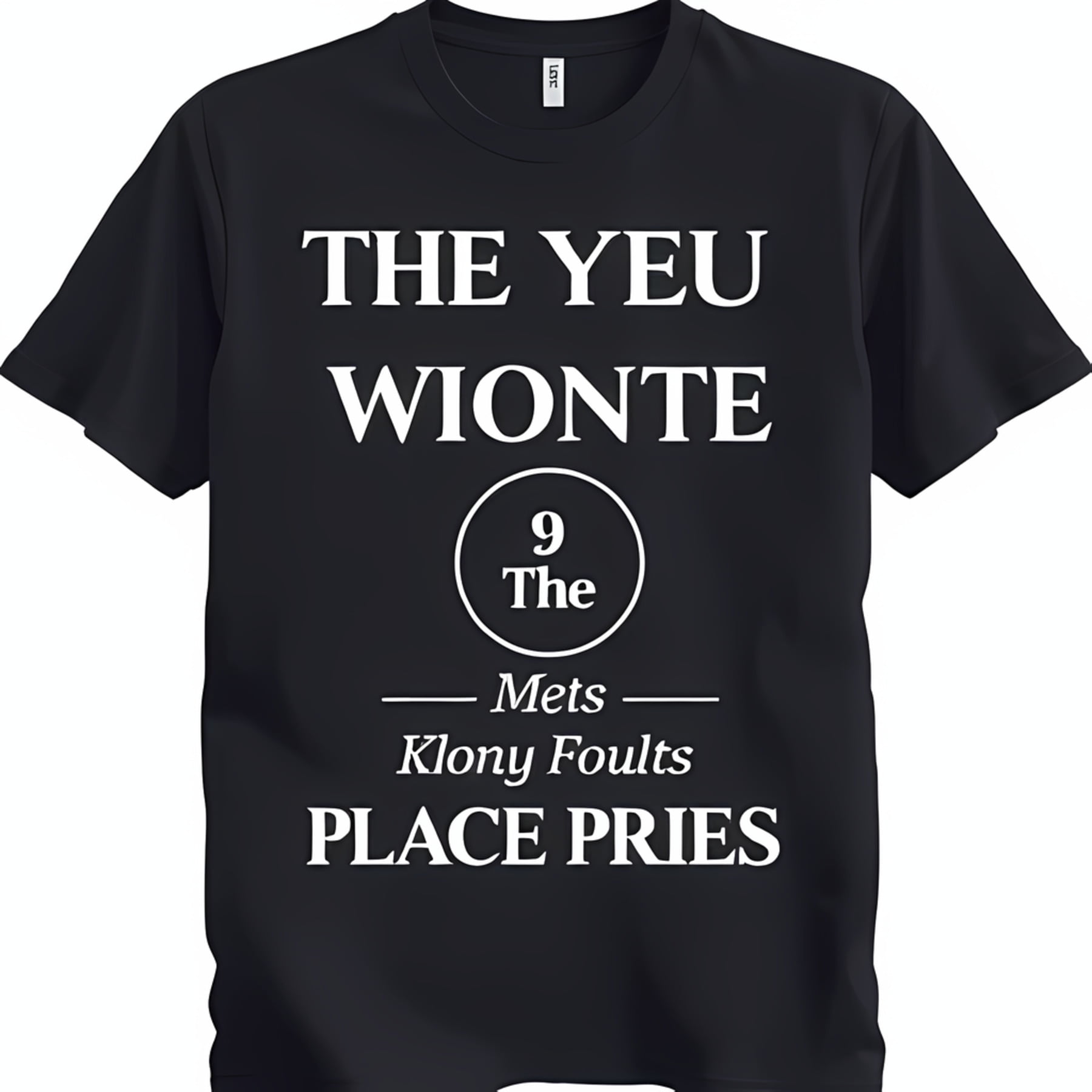Black TShirt with Unique White Text Design 'THE YEU WIONTE 9' Eye