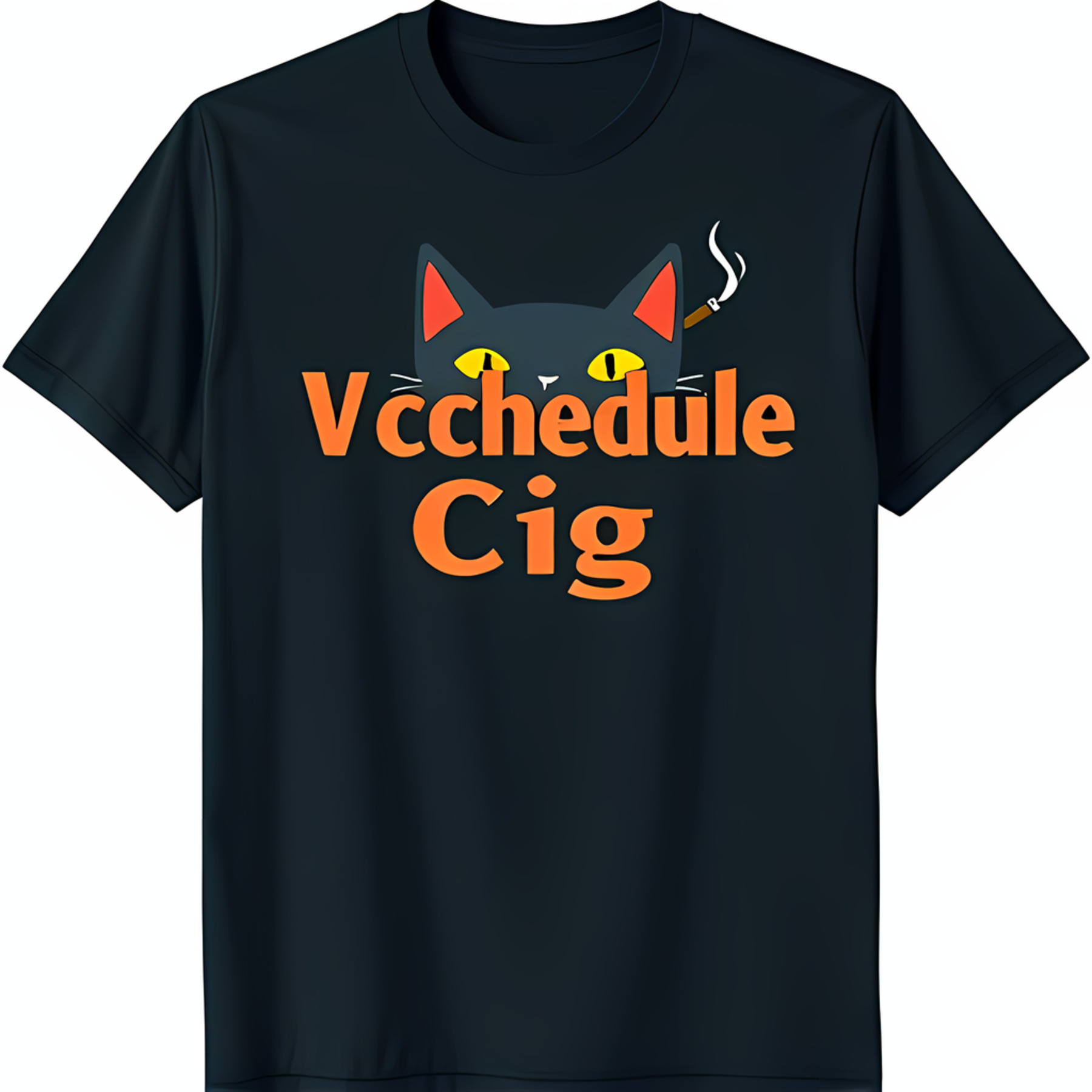Black TShirt with 'Vccchedule Cig' Text & Black Cat Face Design