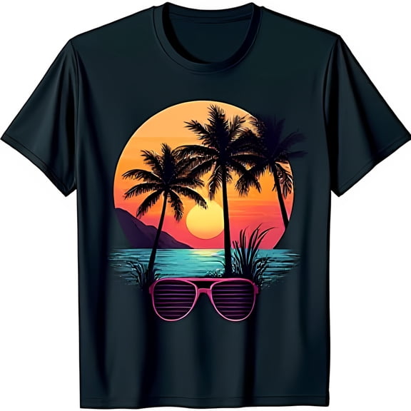 Black T-Shirt with Vibrant Beach Scene: Trees & Sunset Design