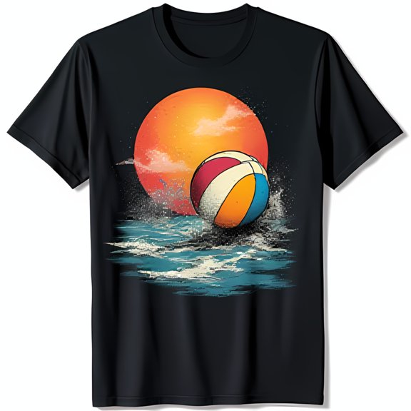 Black T-Shirt with Vibrant Beach Sunset Graphic for Sun Lovers