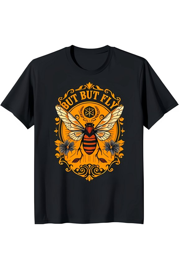 Black T-Shirt with Vibrant Bee and Flower Graphic 'But But Fly' Design