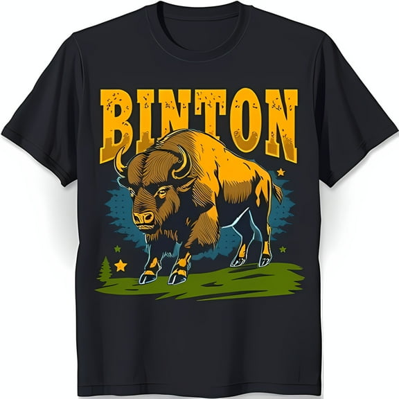 Black T-Shirt with Vibrant Bison Graphic 'Binton' Text and Scenic Design