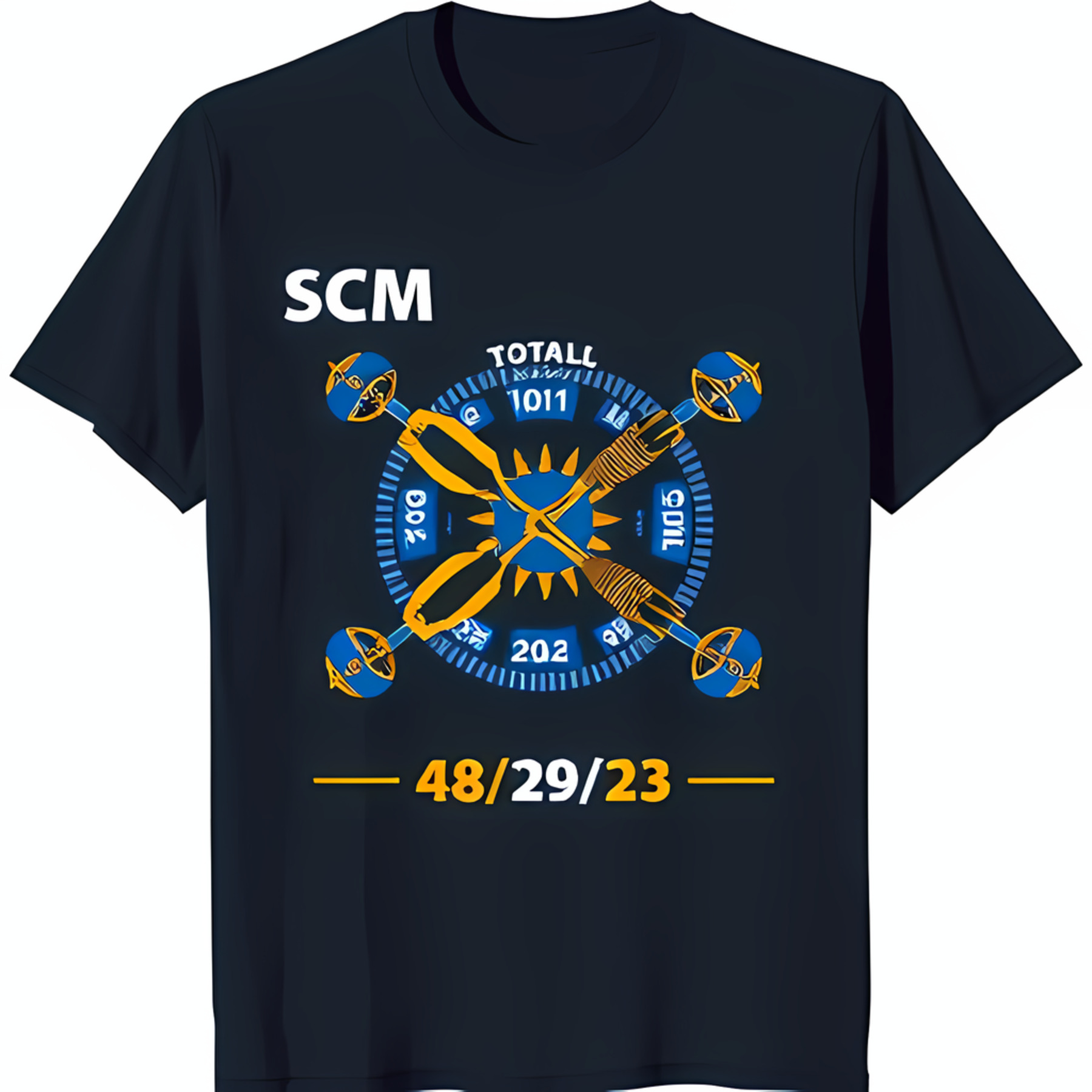 Black TShirt with Vibrant Blue Sun Graphic SCM Design & Unique Numbers
