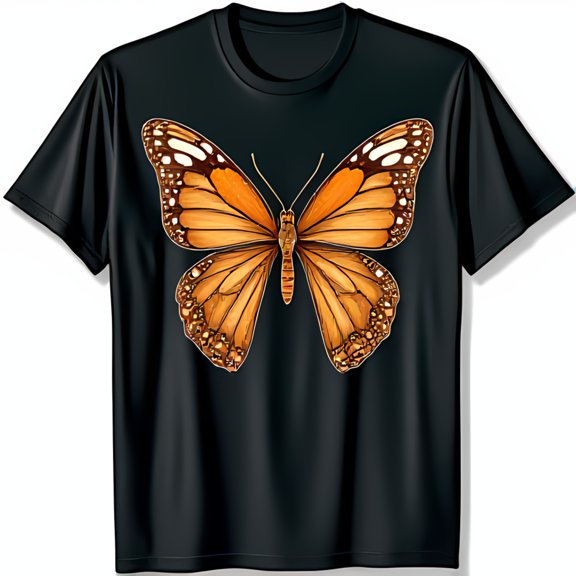 Black T-Shirt with Vibrant Butterfly Graphic Classic Short Sleeves