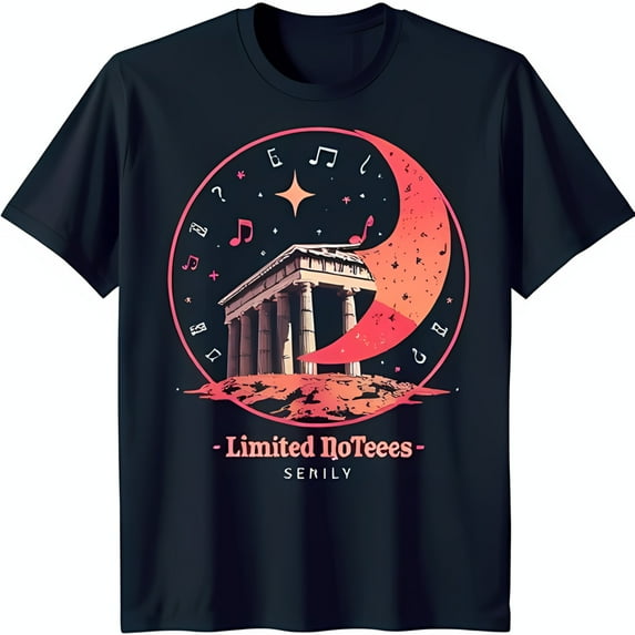 Black T-Shirt with Vibrant Columned Building & Musical Notes Design