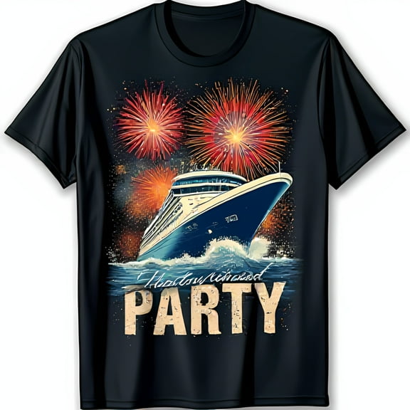Black T-Shirt with Vibrant Cruise Ship Graphic & Happy Honeymoon Party
