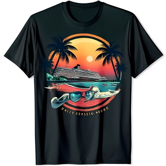 Black T-Shirt with Vibrant Cruise Ship and Tropical Sunset Design Bailey Bahamas 1996