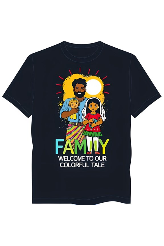 Black T-Shirt with Vibrant Family Cartoon Graphic 'Welcome to Our Colorful Tale'