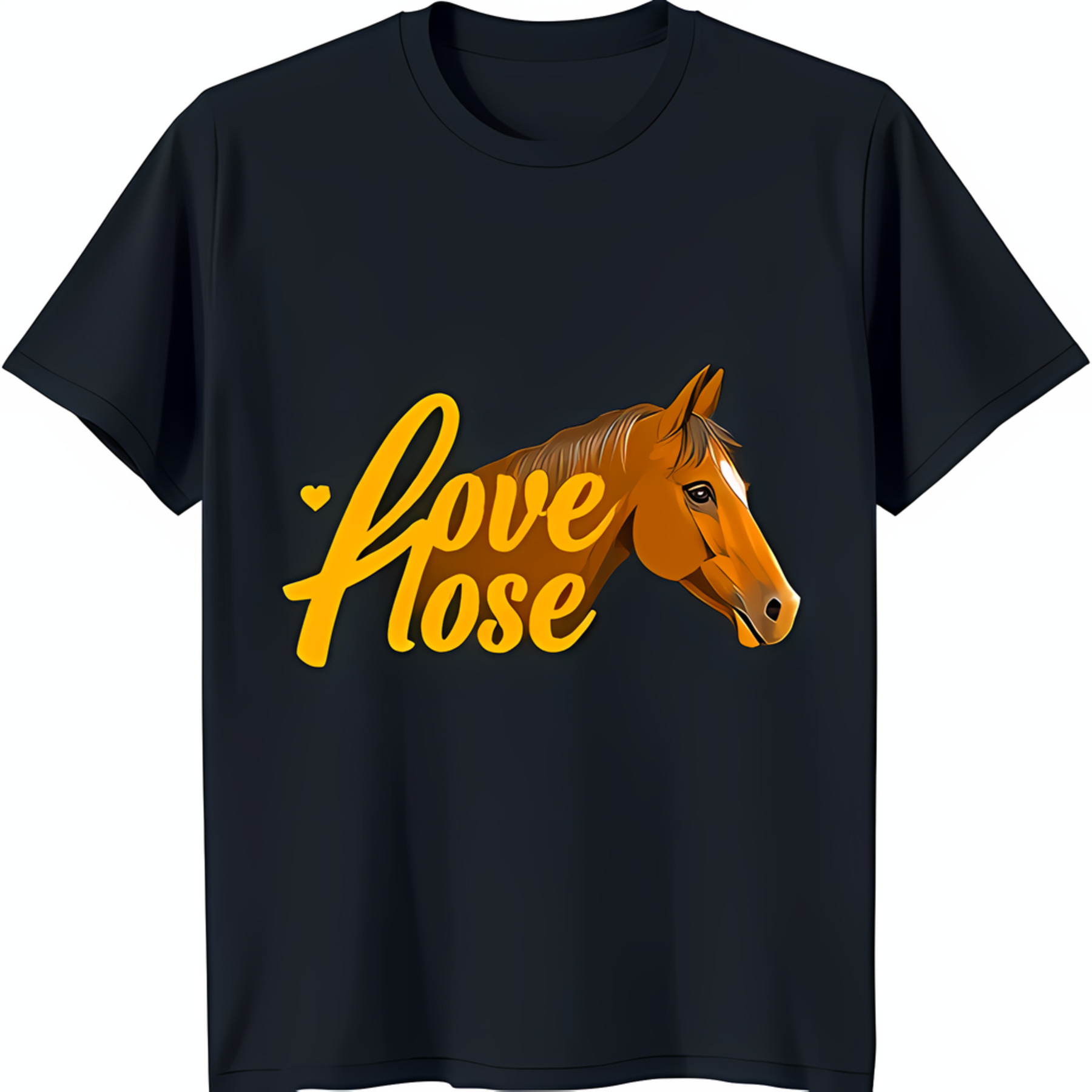 Black TShirt with Vibrant Horse Head Graphic and 'Love Horse' Text Fun
