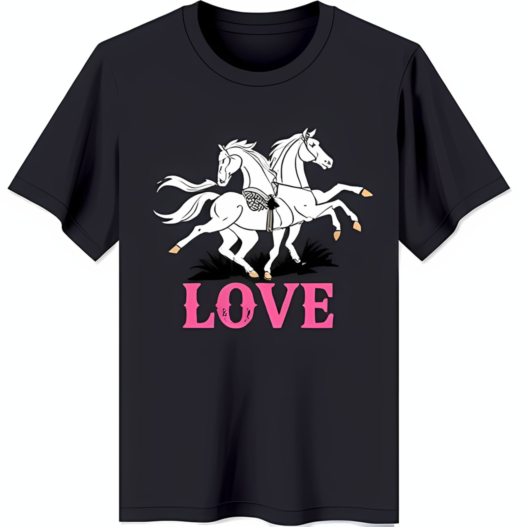 Black TShirt with Vibrant Horses Running Side by Side Symbol of Love