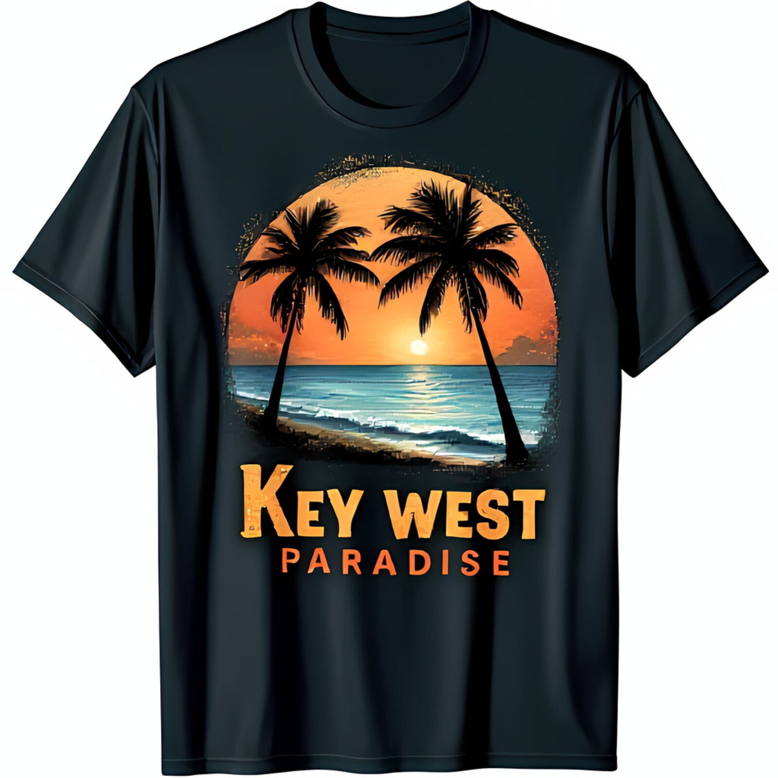 Black TShirt with Vibrant Key West Paradise Beach Scene Graphic