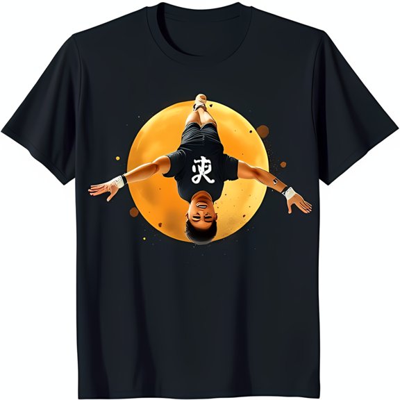 Black T-Shirt with Vibrant Moon Graphic & Handstand Man Unique Design