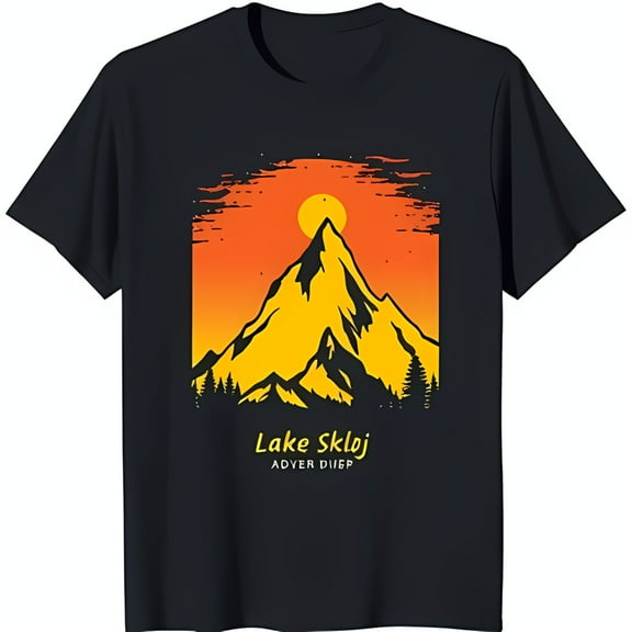 Black T-Shirt with Vibrant Mountain Range and Sunset Graphic Lake Skloj Design