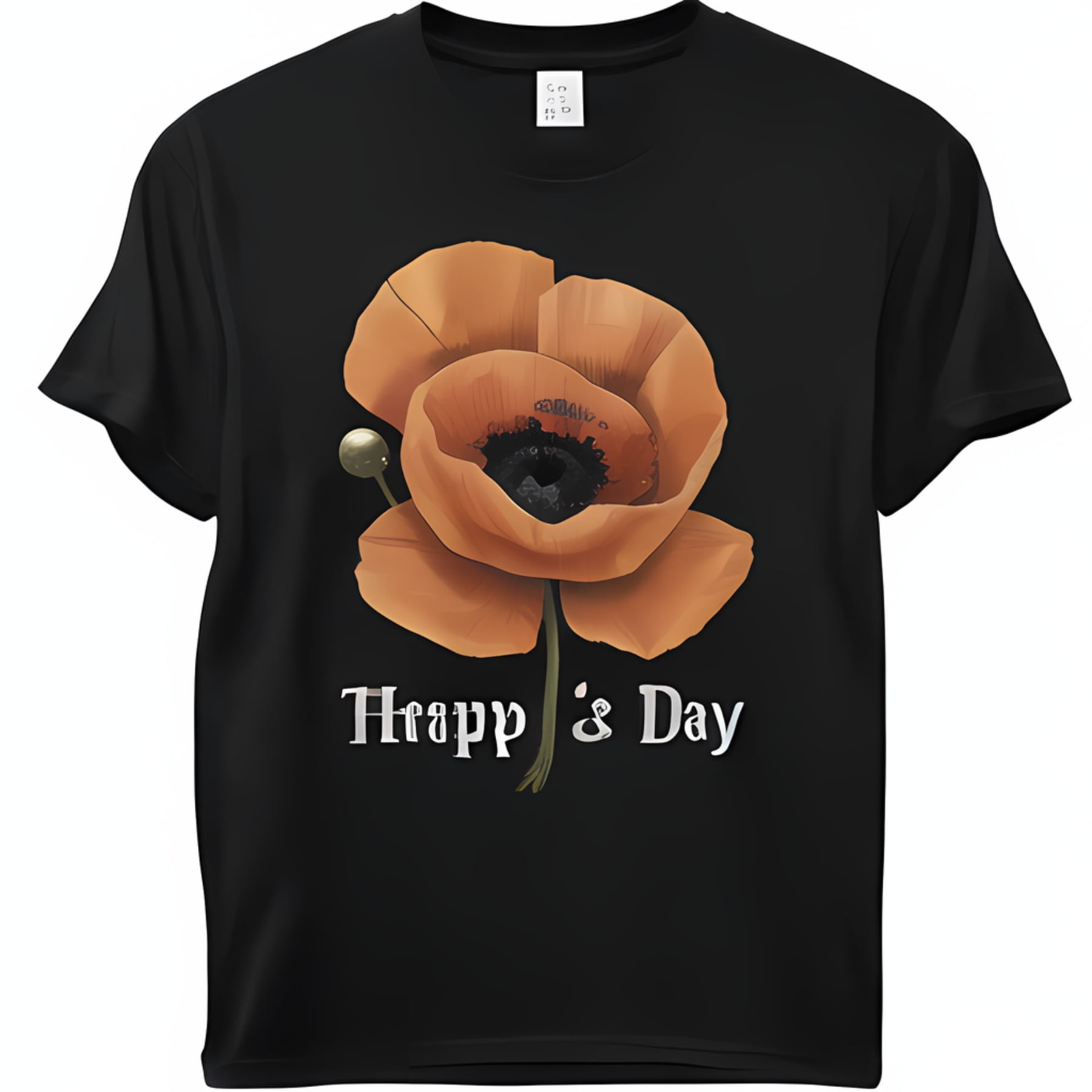 Black TShirt with Vibrant Orange Flower Design Happy Day Graphic T