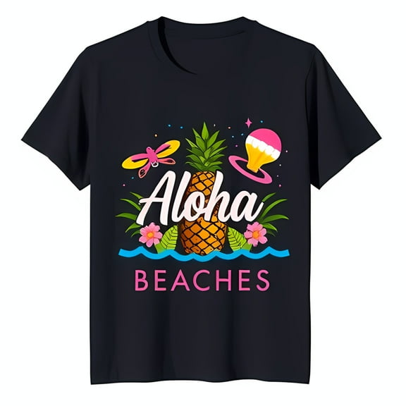 Black T-Shirt with Vibrant Pineapple Graphic Flowers Waves & 'Aloha Beaches' Design