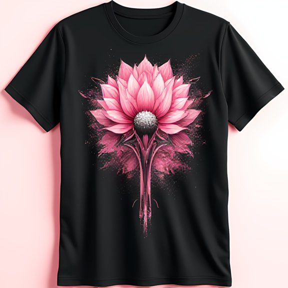 Black T-Shirt with Vibrant Pink Flower Design Classic Style