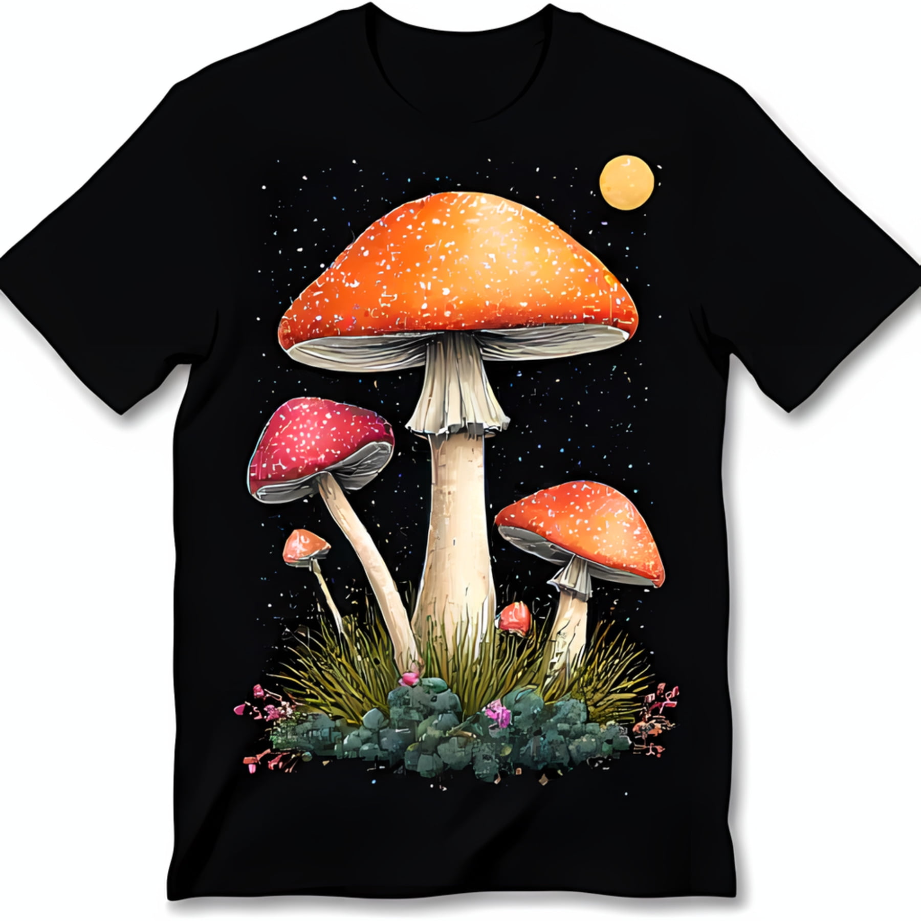 Black TShirt with Vibrant Red and Mushroom Design & Half Moon