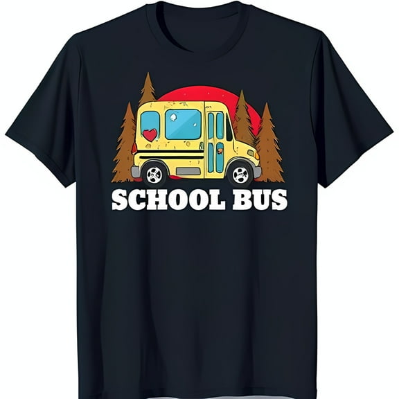 Black T-Shirt with Vibrant School Bus Graphic Hearts & Forest Design