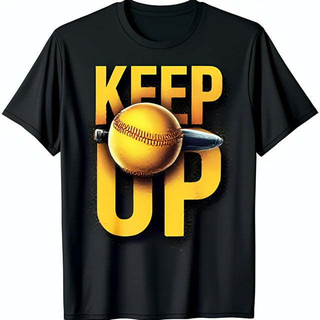 Black TShirt with Vibrant Softball Bat Graphic KEEP UP Design
