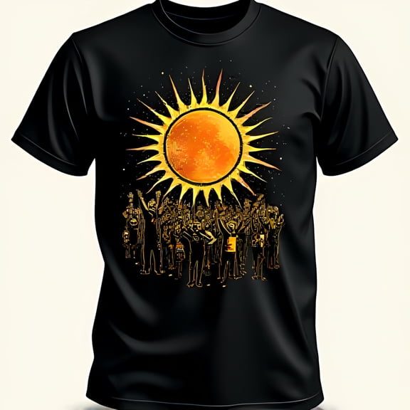 Black T-Shirt with Vibrant Sun Graphic and Musical Figures Design Soft Fabric Classic Fit