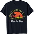 thumbnail image 1 of Black T-Shirt with Vibrant Sunset Graphic Trees & Ride the Wave Design, 1 of 5