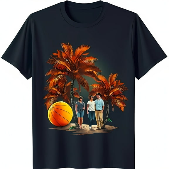 Black T-Shirt with Vibrant Tropical Beach Scene Graphic Trees & Beach Ball