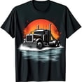 Black TShirt with Vibrant Truck Image Over Water at Sunset