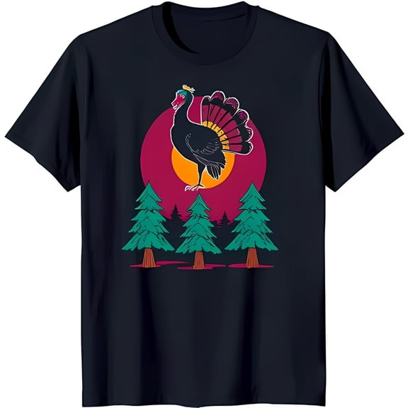 Black T-Shirt with Vibrant Turkey Graphic Against Sunset and Trees