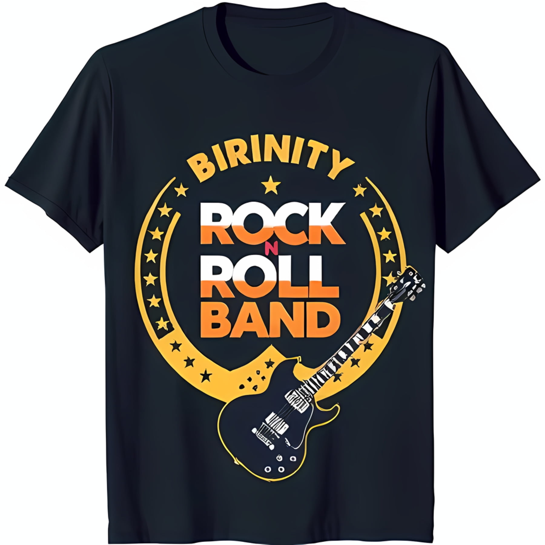 Black TShirt with Vibrant Yellow & Circle & 'Rock n Roll Band' Design