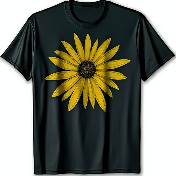 Black T-Shirt with Vibrant Yellow Sunflower Design Whimsical Floral Graphic Tee