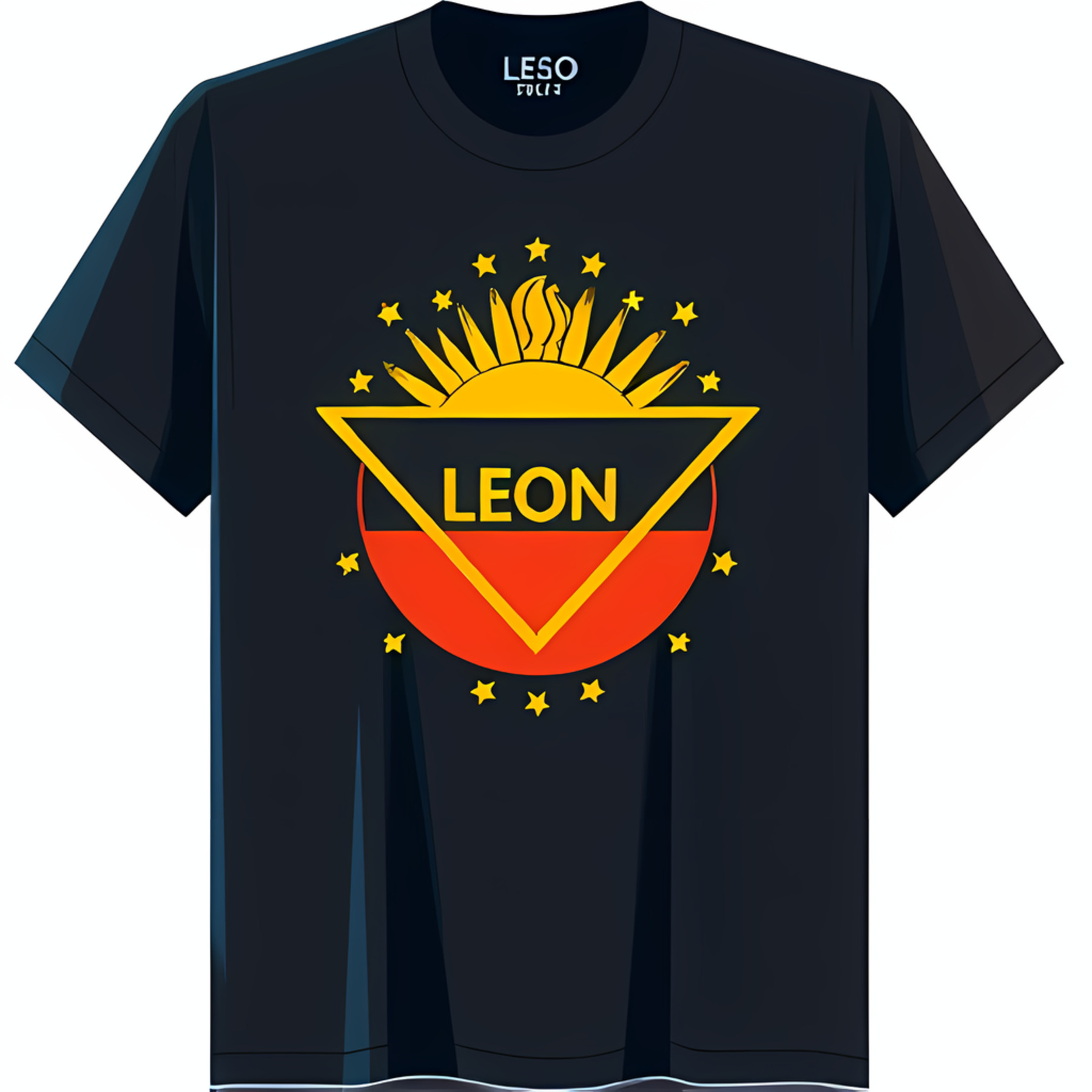 Black TShirt with Vibrant Yellow and Red Sun Design & Stars