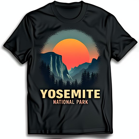 Black T-Shirt with Vibrant Yosemite Mountain Sunset Graphic Design