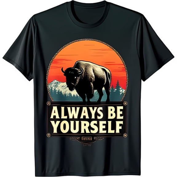 Black T-Shirt with Vintage Bison Sunset Graphic Always Be Yourself Design