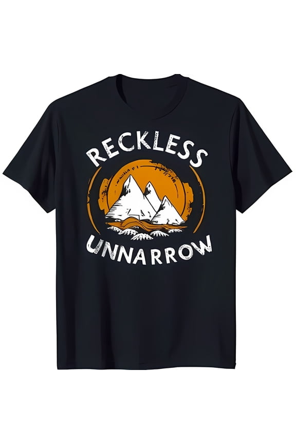 Black T-Shirt with Vintage Mountain Graphic & 'RECKLESS UNNARROW' Print