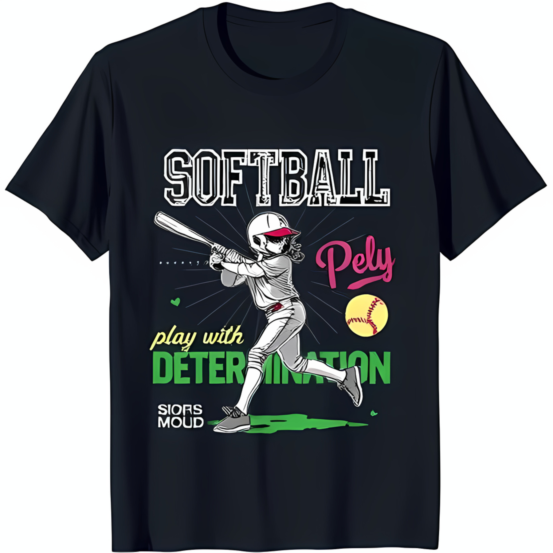 Black TShirt with Vintage Softball Design Female Player Swinging Bat