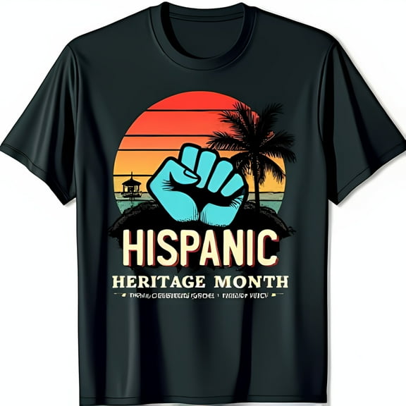 Black T-Shirt with Vintage Sunset Fist Graphic for Hispanic Heritage Month