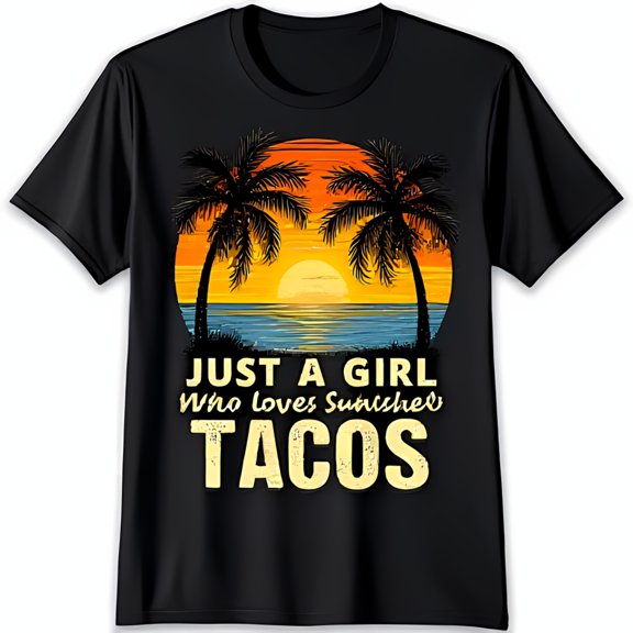 Black T-Shirt with Vintage Tree Sunset Graphic & Sunrise Tacos Text