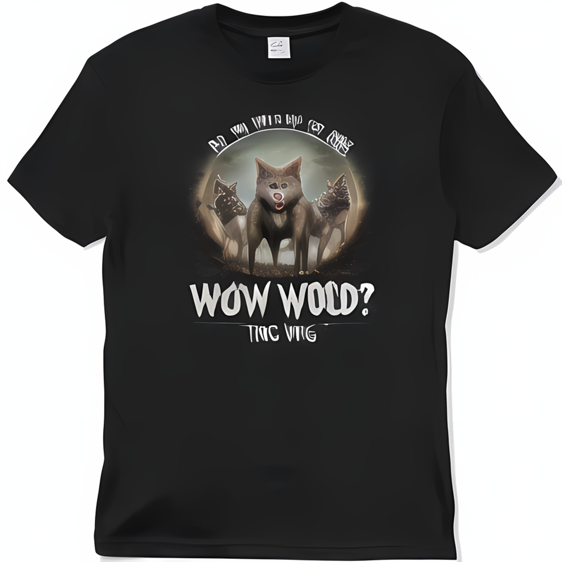 Black T-Shirt with W Keycode Text Three Wolves and a Gray Fox