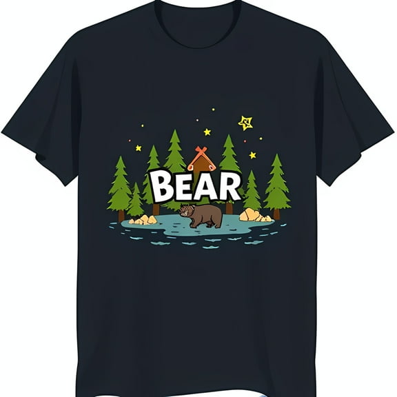 Black T-Shirt with Walking to Lake & Cozy Cabin Design