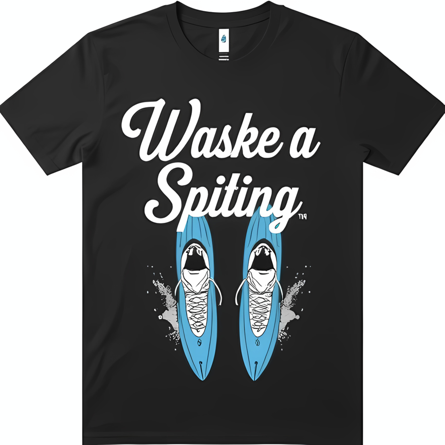 Black TShirt with 'Waske a Spitting' Graphic & Blue Water Skis Design
