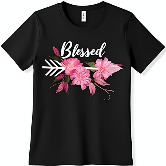 Black T-Shirt with Watercolor Floral Design & White Arrow Blessed Graphic Tee