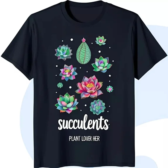 Black T-Shirt with Watercolor Succulents Graphic Plant Lover Design