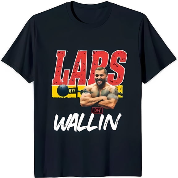 Black T-Shirt with Weightlifting Design and 'Lars Wallin' Text Bold Colors